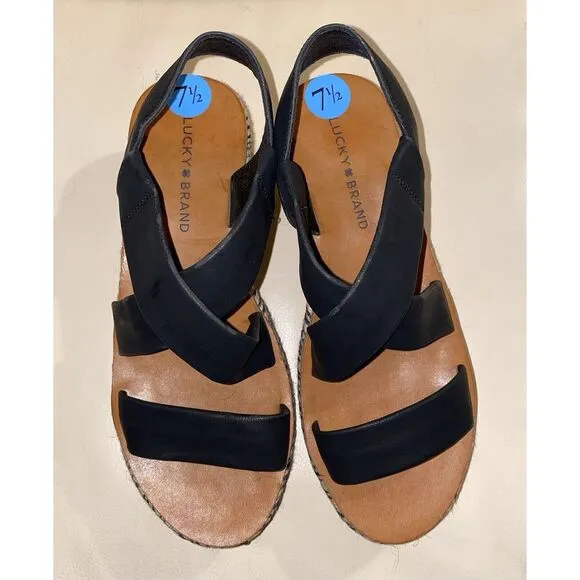Lucky Brand Women's Wedge Black White Tan Platform‎ Sandals Size 7.5