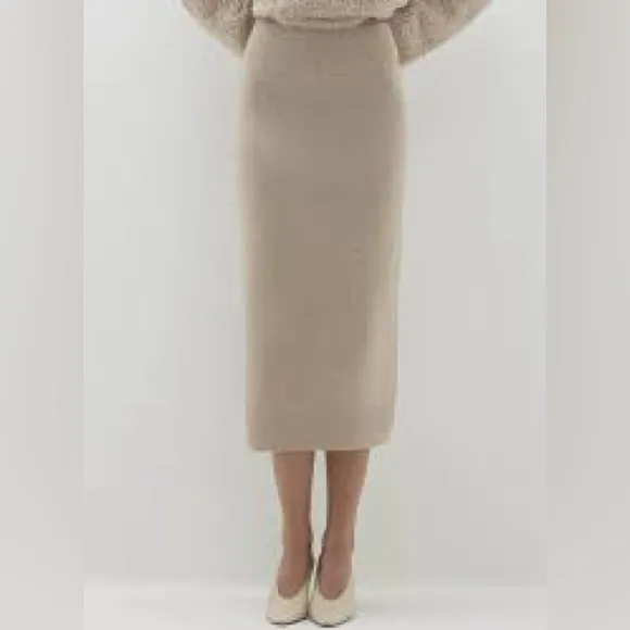 Luxury Knit Pencil Skirt Straight Sweater Skirt Tan Beige Neutral Size Small