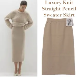 Luxury Knit Pencil Skirt Straight Sweater Skirt Tan Beige Neutral Size Small