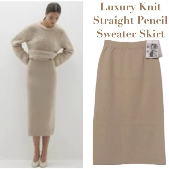 Luxury Knit Pencil Skirt Straight Sweater Skirt Tan Beige Neutral Size Small
