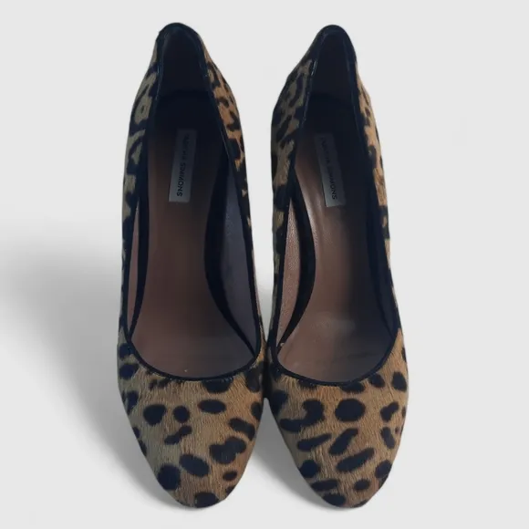 Luxury TABITHA SIMMONS Calf Hair Leopard Block Heel Pumps Italy Brown Tab 7.5