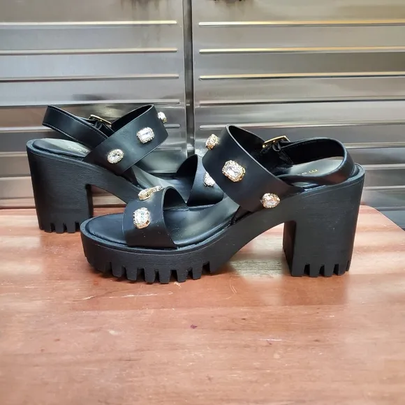 Madden Girl Storrm Black Platform Jeweled Heel Sandals 7.5 M