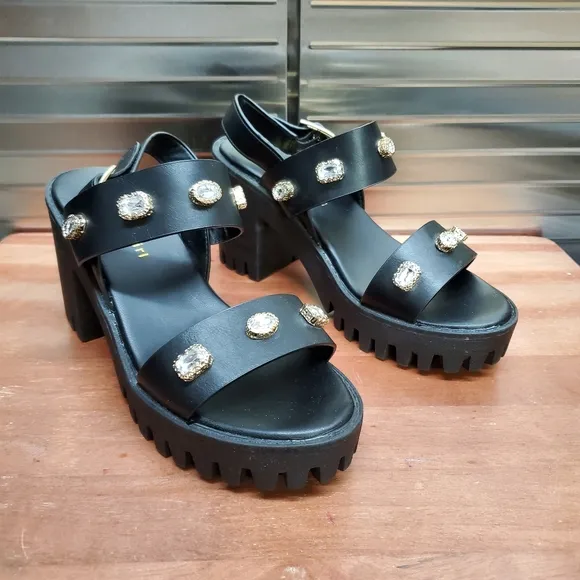 Madden Girl Storrm Black Platform Jeweled Heel Sandals 7.5 M