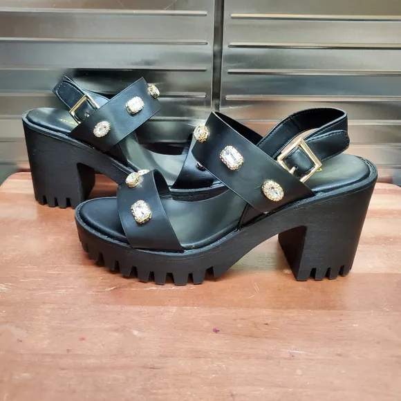 Madden Girl Storrm Black Platform Jeweled Heel Sandals 7.5 M
