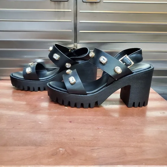 Madden Girl Storrm Black Platform Jeweled Heel Sandals 7.5 M