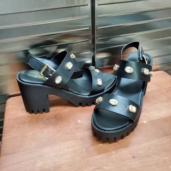 Madden Girl Storrm Black Platform Jeweled Heel Sandals 7.5 M