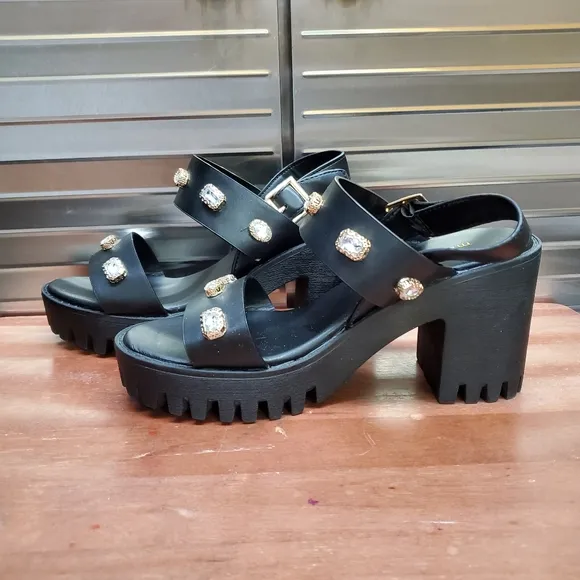 Madden Girl Storrm Black Platform Jeweled Heel Sandals 7.5 M