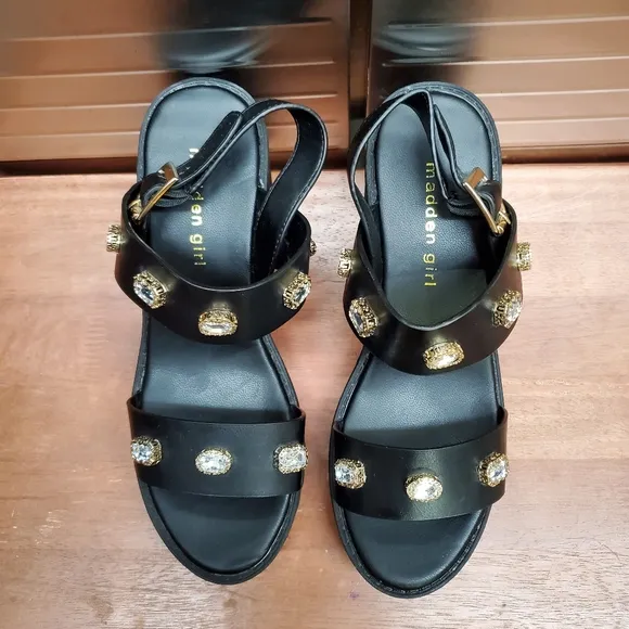 Madden Girl Storrm Black Platform Jeweled Heel Sandals 7.5 M