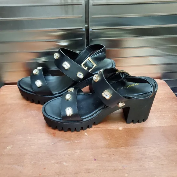Madden Girl Storrm Black Platform Jeweled Heel Sandals 7.5 M