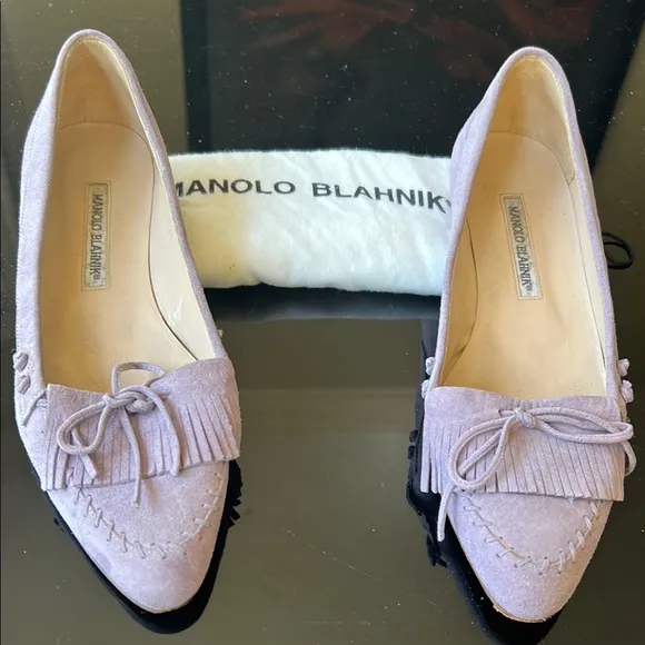 Manolo Blahnik Vintage Y2K Women's Boho Fringe Suede Flats Purple Made Italy 38