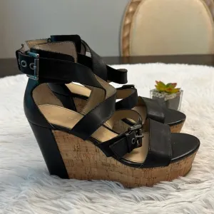 Marc Fisher Black Leather Cork Wedge Platform Buckle Cuff Sandals women size 7