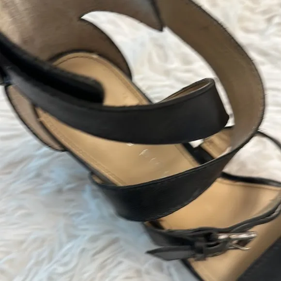 Marc Fisher Black Leather Cork Wedge Platform Buckle Cuff Sandals women size 7