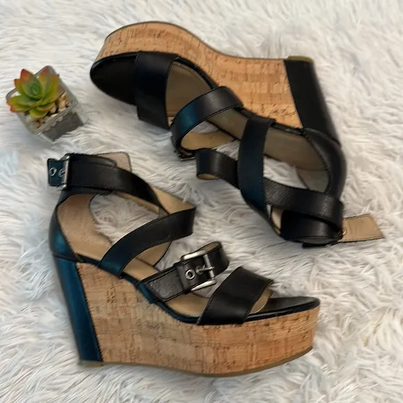 Marc Fisher Black Leather Cork Wedge Platform Buckle Cuff Sandals women size 7