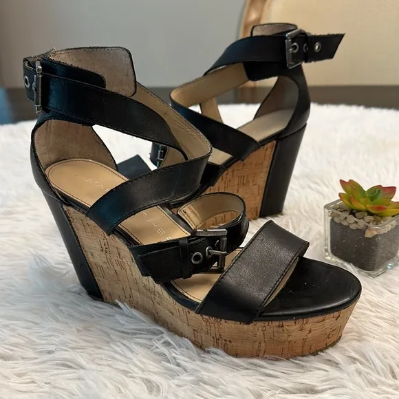 Marc Fisher Black Leather Cork Wedge Platform Buckle Cuff Sandals women size 7