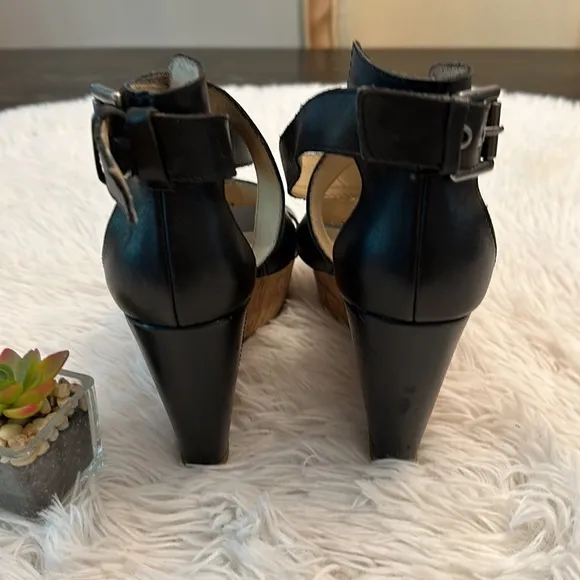 Marc Fisher Black Leather Cork Wedge Platform Buckle Cuff Sandals women size 7