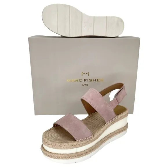 Marc Fisher LTD Platform Sandals 7.5M Gallia Pink Suede Jute Wrapped Slingback