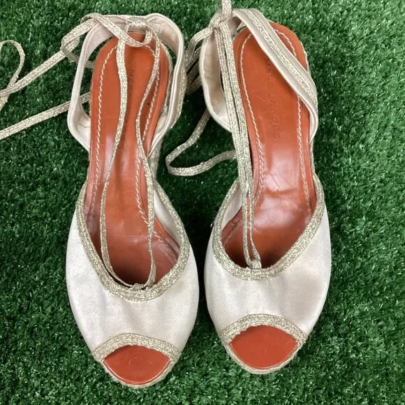MARC JACOBS Gold Wedge Espadrille Ankle Strap Sandals 40