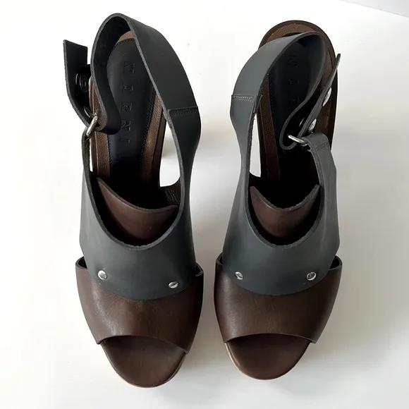 Marni Colorblock Leather Slingback Wood Platform Sandals, size: EU 40 US10