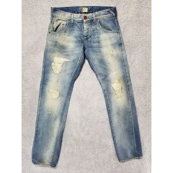 Men's ENERGIE Slim STRAIGHT SELVEDGE DISTRESS Blue Jeans 32 x 34 Made In Italy