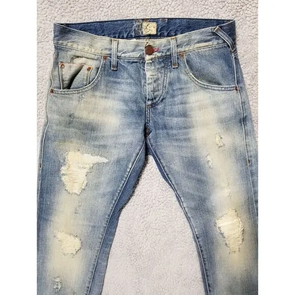Men's ENERGIE Slim STRAIGHT SELVEDGE DISTRESS Blue Jeans 32 x 34 Made In Italy