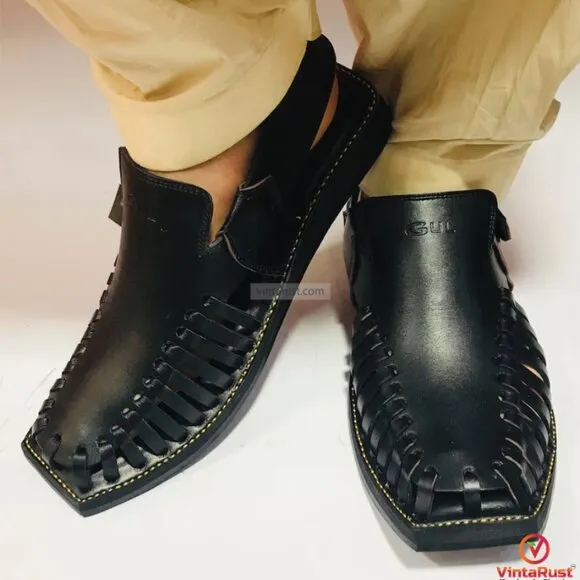 Men’s Handmade Black Peshawari Chappal, Stylish Black Leather Chappal