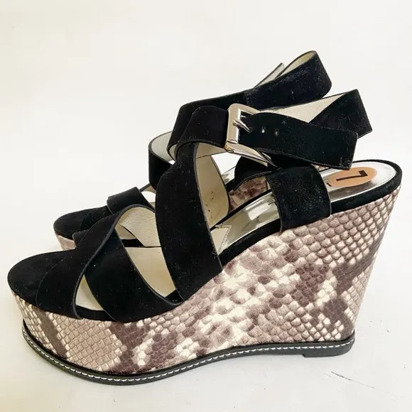 Michael Kors Black Suede Celia Wedge/Platform Sandals Snake Print Heel Size 7