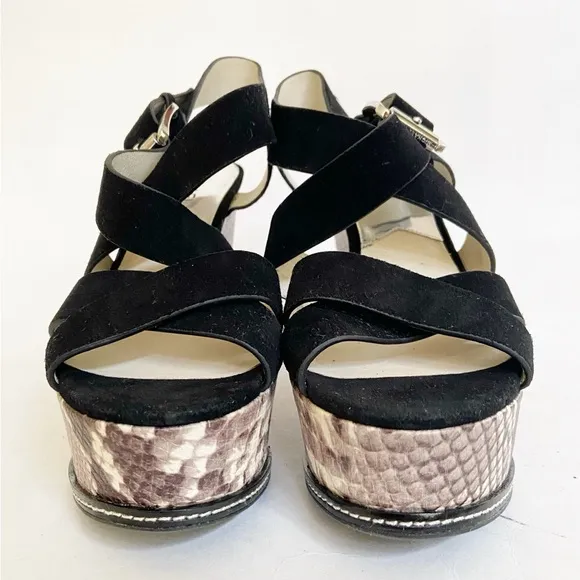 Michael Kors Black Suede Celia Wedge/Platform Sandals Snake Print Heel Size 7
