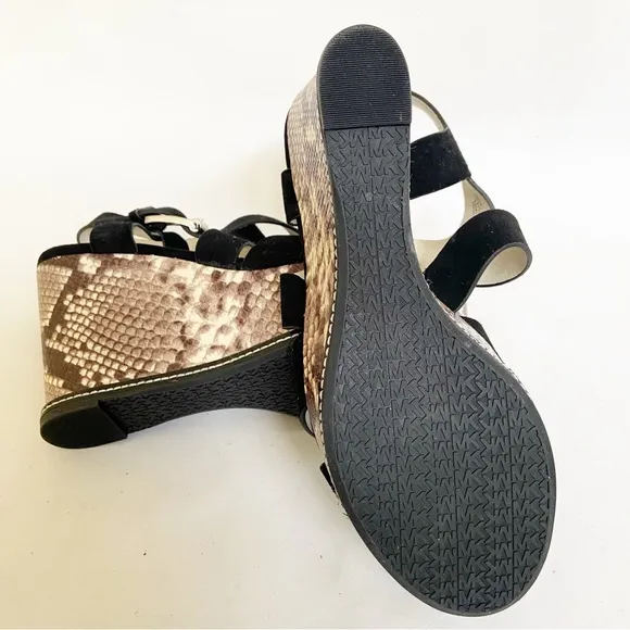 Michael Kors Black Suede Celia Wedge/Platform Sandals Snake Print Heel Size 7