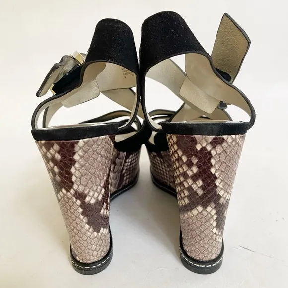Michael Kors Black Suede Celia Wedge/Platform Sandals Snake Print Heel Size 7