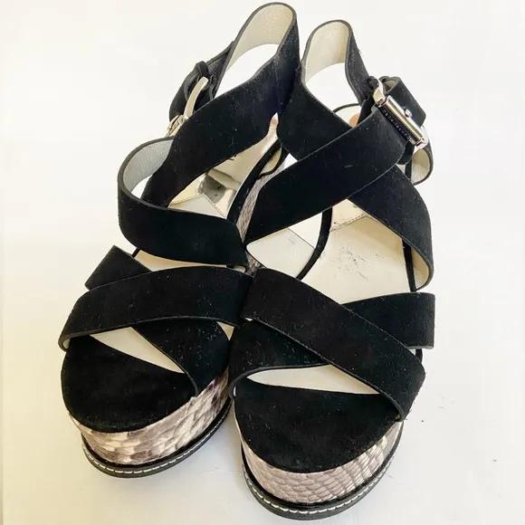 Michael Kors Black Suede Celia Wedge/Platform Sandals Snake Print Heel Size 7