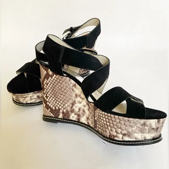 Michael Kors Black Suede Celia Wedge/Platform Sandals Snake Print Heel Size 7