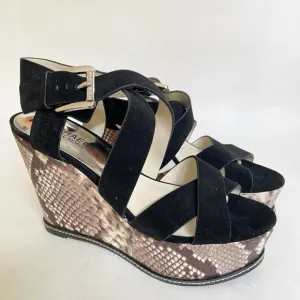 Michael Kors Black Suede Celia Wedge/Platform Sandals Snake Print Heel Size 7