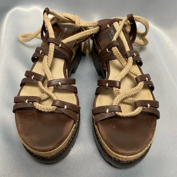 Michael Kors Brown Beige Platform Flatform Lace Up Sandals - Size 7.5, EU 37.5