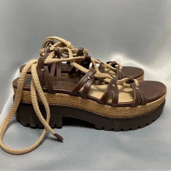Michael Kors Brown Beige Platform Flatform Lace Up Sandals - Size 7.5, EU 37.5