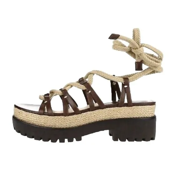 Michael Kors Brown Beige Platform Flatform Lace Up Sandals - Size 7.5, EU 37.5
