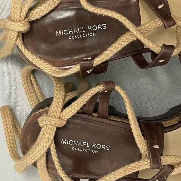Michael Kors Brown Beige Platform Flatform Lace Up Sandals - Size 7.5, EU 37.5