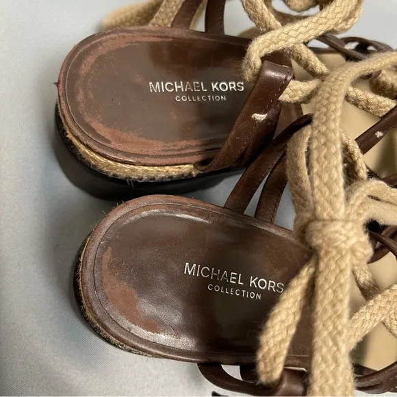 Michael Kors Brown Beige Platform Flatform Lace Up Sandals - Size 7.5, EU 37.5