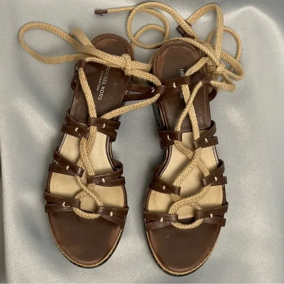 Michael Kors Brown Beige Platform Flatform Lace Up Sandals - Size 7.5, EU 37.5