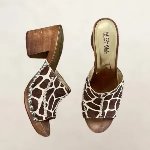 MICHAEL KORS Brown Creme Giraffe Printed Calf Hair Wooden Platform Heel Sandals