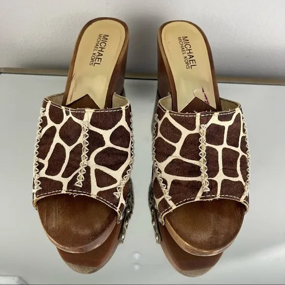 MICHAEL KORS Brown Creme Giraffe Printed Calf Hair Wooden Platform Heel Sandals