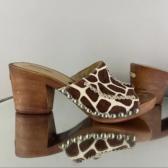 MICHAEL KORS Brown Creme Giraffe Printed Calf Hair Wooden Platform Heel Sandals
