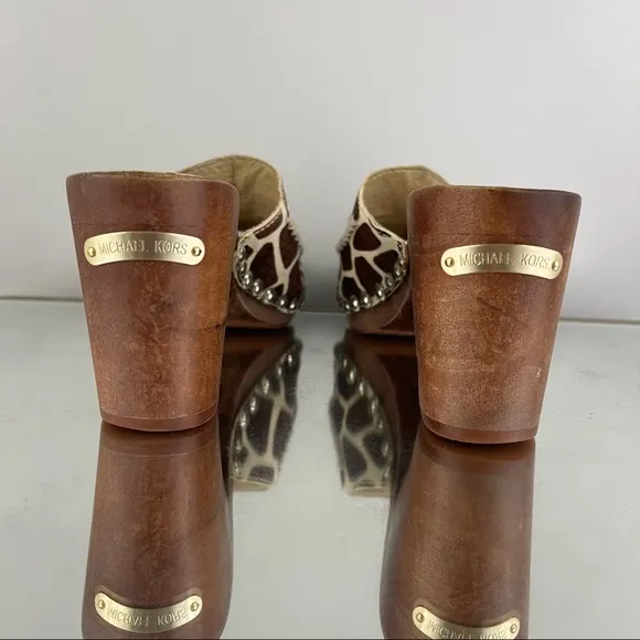 MICHAEL KORS Brown Creme Giraffe Printed Calf Hair Wooden Platform Heel Sandals