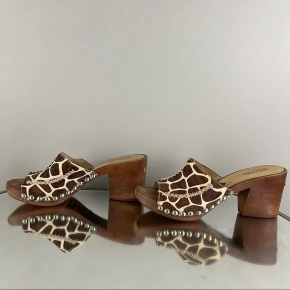 MICHAEL KORS Brown Creme Giraffe Printed Calf Hair Wooden Platform Heel Sandals