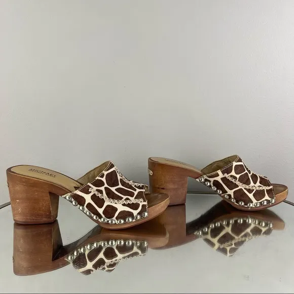 MICHAEL KORS Brown Creme Giraffe Printed Calf Hair Wooden Platform Heel Sandals
