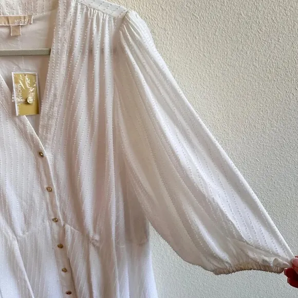 Michael Kors Button Front Dress in White with Tie at Waist - 1X - New
