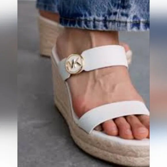 Michael Kors Lucinda Vachetta Leather Epadrille Wedge Sandals, White Leather 10
