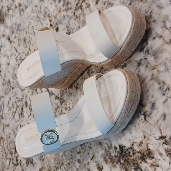 Michael Kors Lucinda Vachetta Leather Epadrille Wedge Sandals, White Leather 10
