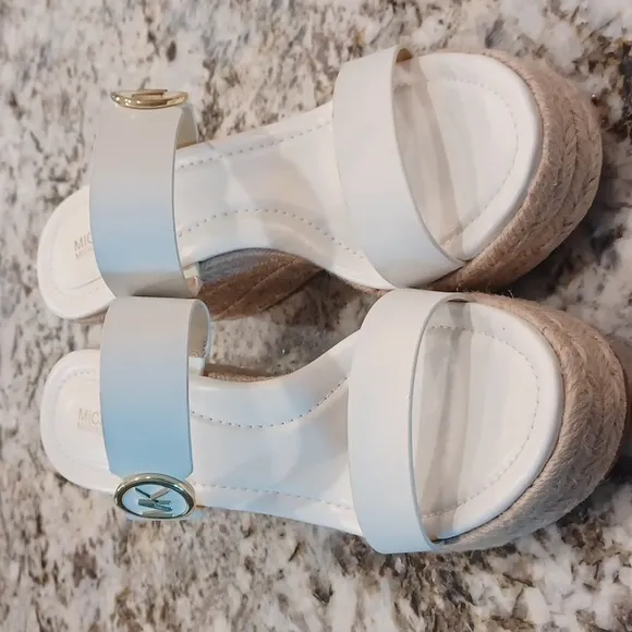 Michael Kors Lucinda Vachetta Leather Epadrille Wedge Sandals, White Leather 10