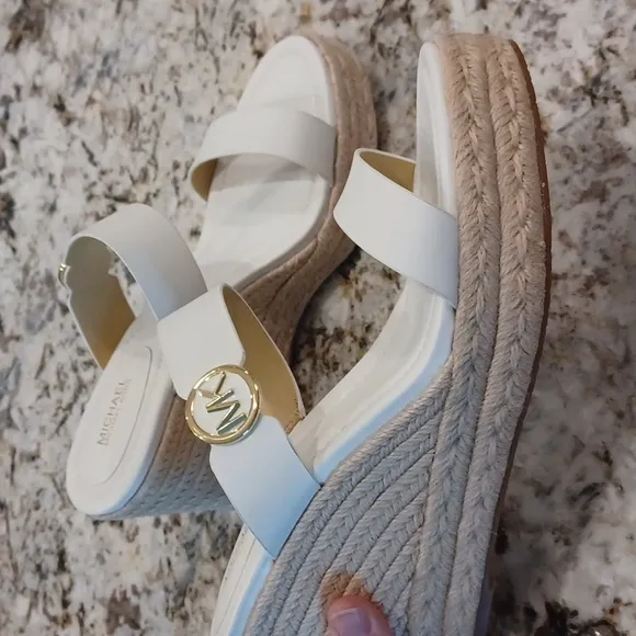 Michael Kors Lucinda Vachetta Leather Epadrille Wedge Sandals, White Leather 10