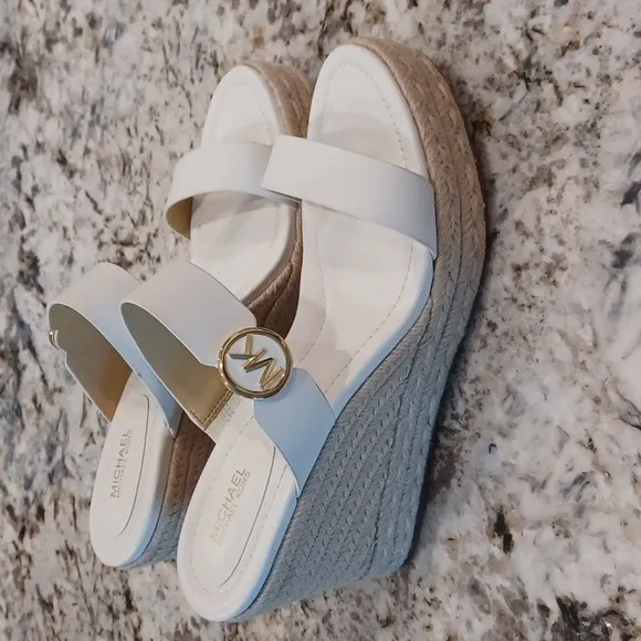 Michael Kors Lucinda Vachetta Leather Epadrille Wedge Sandals, White Leather 10